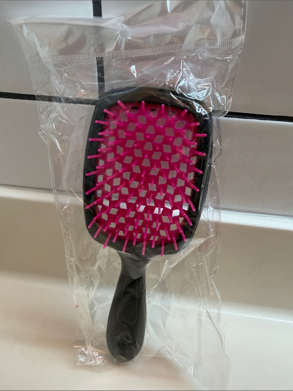 New Sealed Black & Pink Paddle Hair Brush - Detangling Cushion Brush w/Cut Out